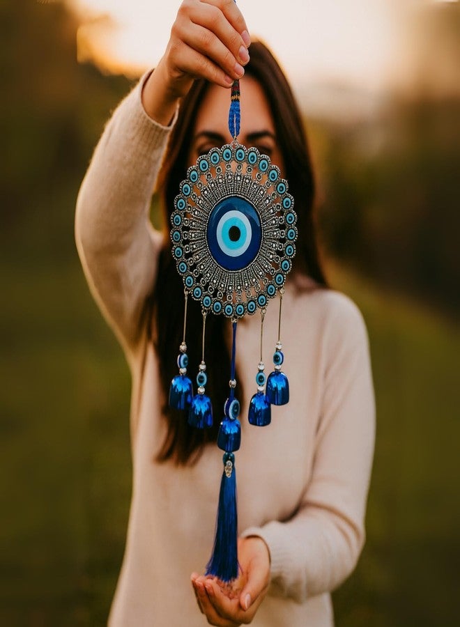 جو هوكد جرس معلق على شكل عين الحسد من جو هوكد، طوله 35 سم - ديكور حائط نزار باتو مع 5 أجراس زجاجية زرقاء وشرابة | تميمة حماية منزلية، تميمة حظ، زينة جدارية على شكل عين الحسد (التصميم أ) - Image 5